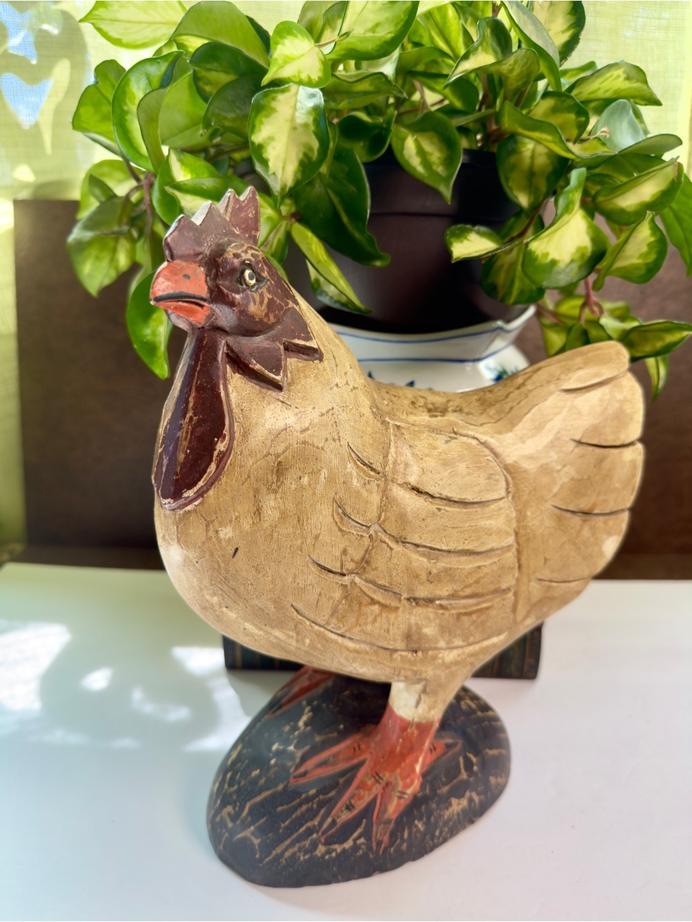 Handcrafted Wooden Chicken Figurine - Natural Brown and Red Sz Large